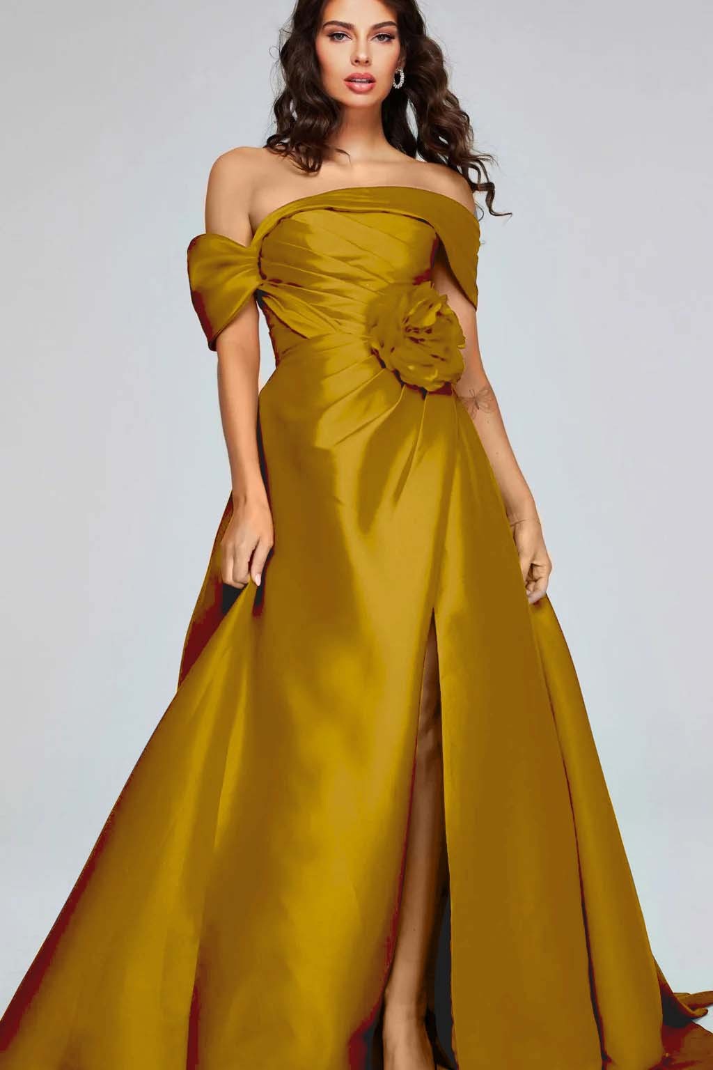 Off the Shoulder Sleeveless Long Split Prom Dress With Pleated