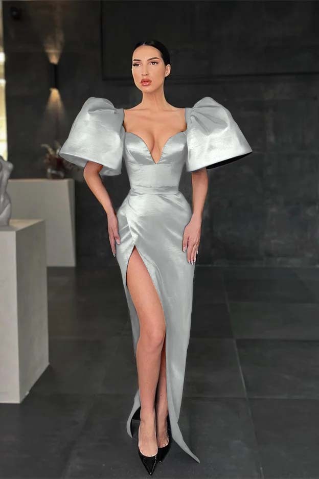 Charming Mermaid Royal Blue V Neck Pleated Long Prom Dress With High Split