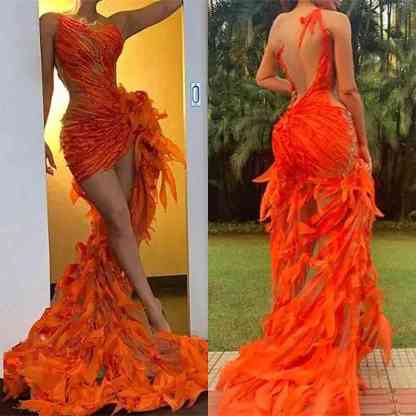 Bmbridal Orange Prom Dress Mermaid Tulle High-Lo Long-BMbridal