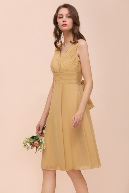 BMbridal Affordable V-Neck Ruffle Gold Short Bridesmaid Dresses with Bow-BMbridal