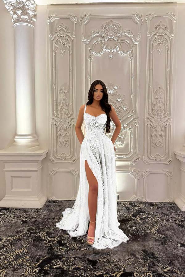 Straps Sleeveless Long Split Prom Dress With Pleated Appliques