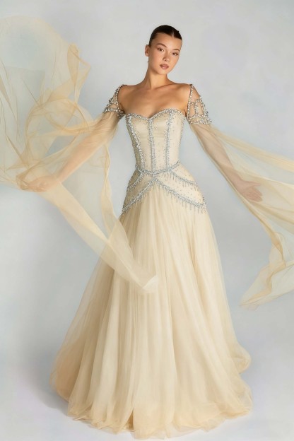 Long Sleeves Sweetheart Long A Line Prom Dress With Pleated Beading