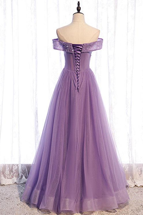 Purple Sequins Sleeveless A Line Long Prom Dress With Off the Shoulder