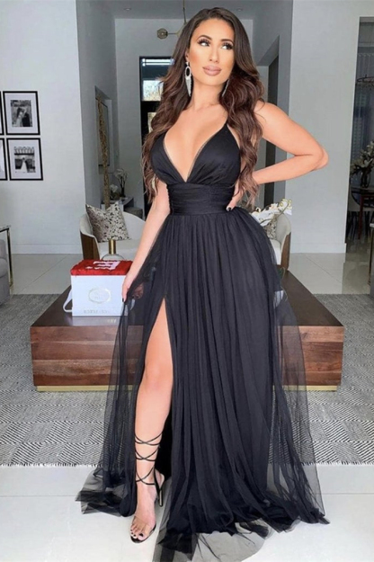 Black Tulle Sleeveless Modern Deep V Neck Long Prom Dress With High Split