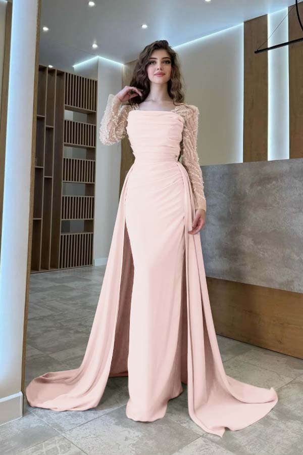 Long Sleeves Square Neck Long Mermaid Prom Dress With Pleated