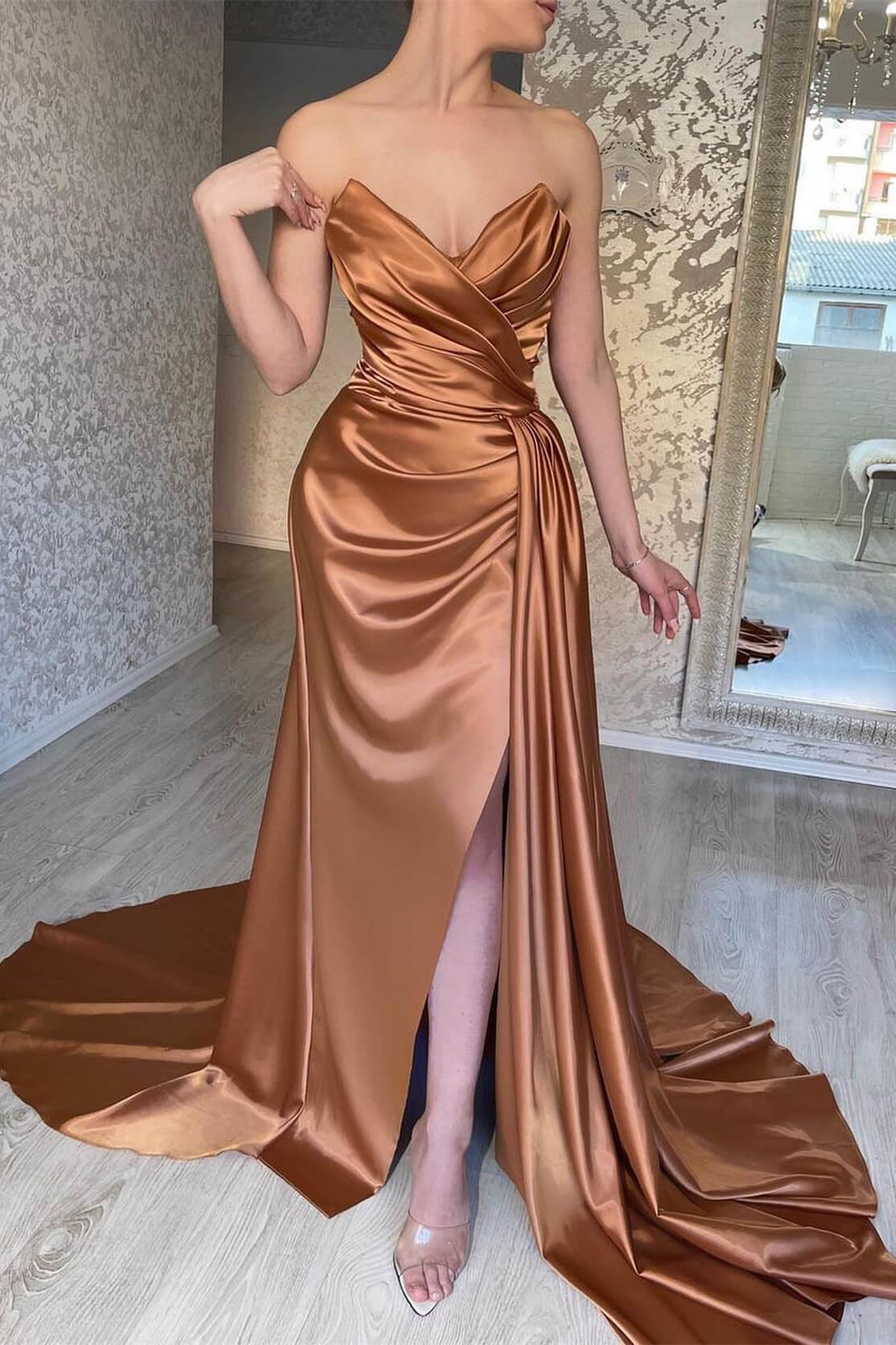 Brown Sweetheart Strapless Mermaid Prom Dress Split Sleeveless With Ruffles