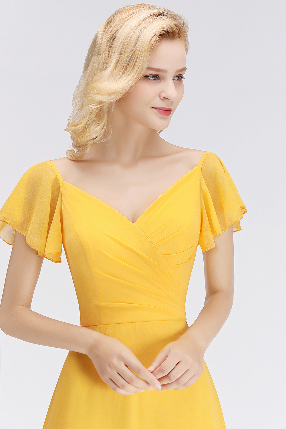 BMbridal Elegent Short-Sleeve Long Bridesmaid Dress Online Yellow Chiffon Wedding Party Dress-BMbridal
