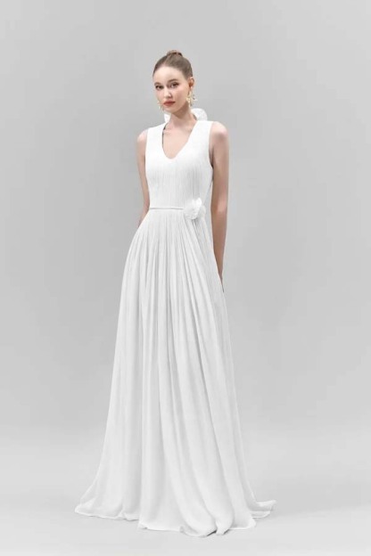 Chic Sleeveless Straps V Neck Long Prom Dress With Pleated Belt