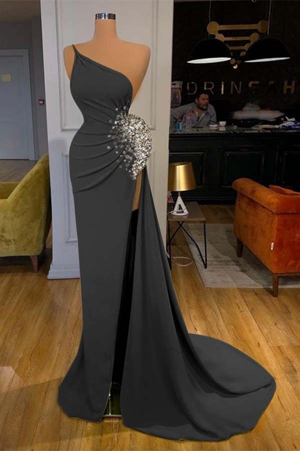 One Shoulder Sleeveless Mermaid Long Prom Dress Green Beadings With Split