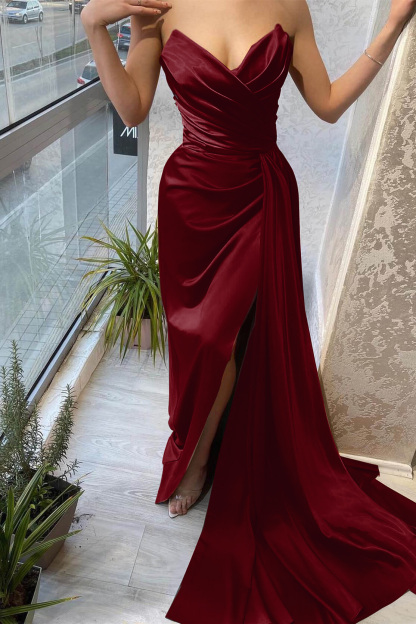 Brown Sweetheart Strapless Mermaid Prom Dress Split Sleeveless With Ruffles