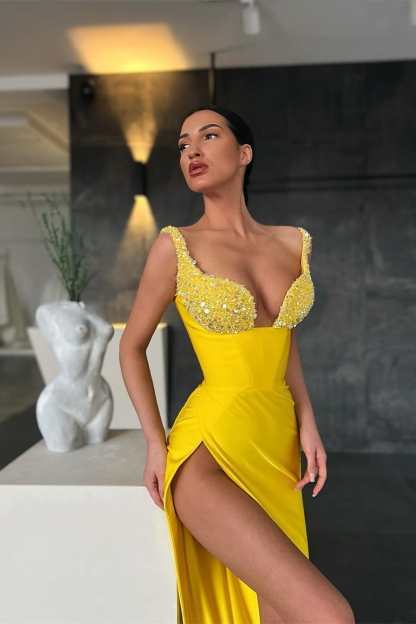 Mermaid Yellow Sequins High Waist Straps Sleeveless Prom Dress With High Split