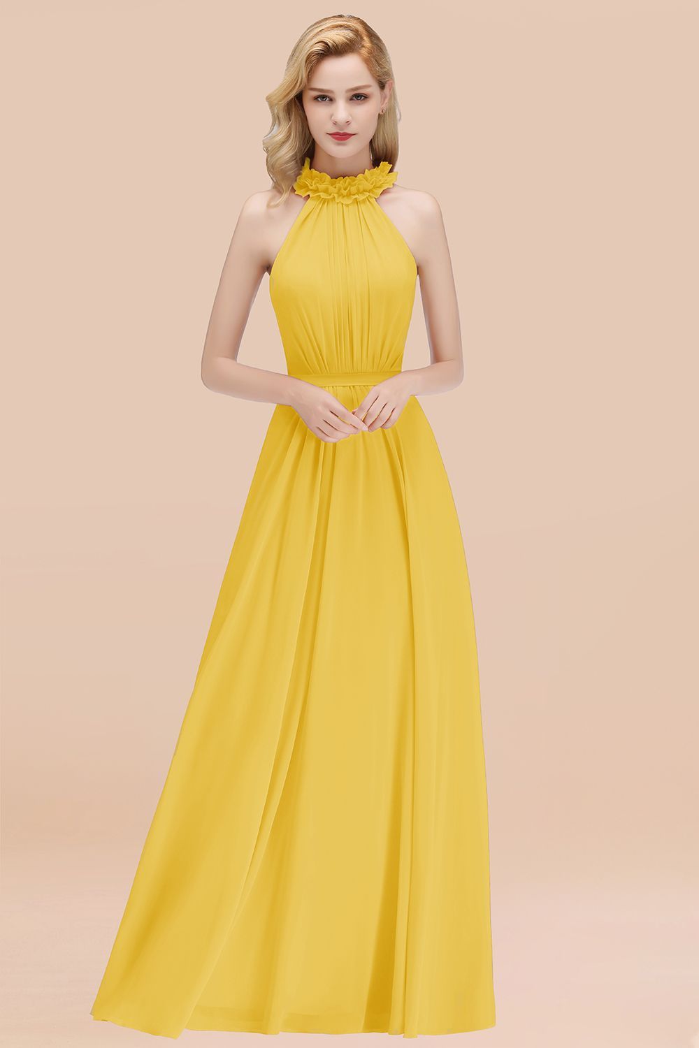 BMbridal Modest High-Neck Halter Ruffle Chiffon Bridesmaid Dresses Affordable-BMbridal