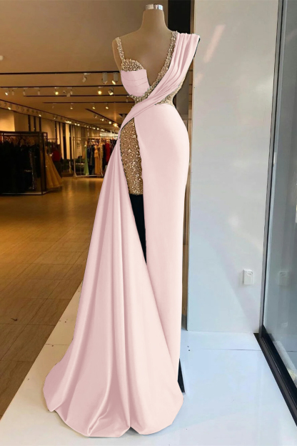 Straps Sleeveless High Split Long Prom Dress With Sequins Ruffles