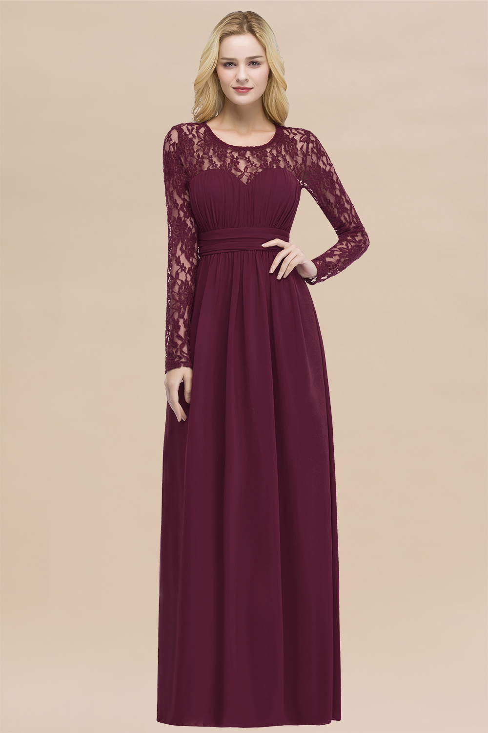 BMbridal Elegant Lace Burgundy Bridesmaid Dresses Online with Long Sleeves-BMbridal