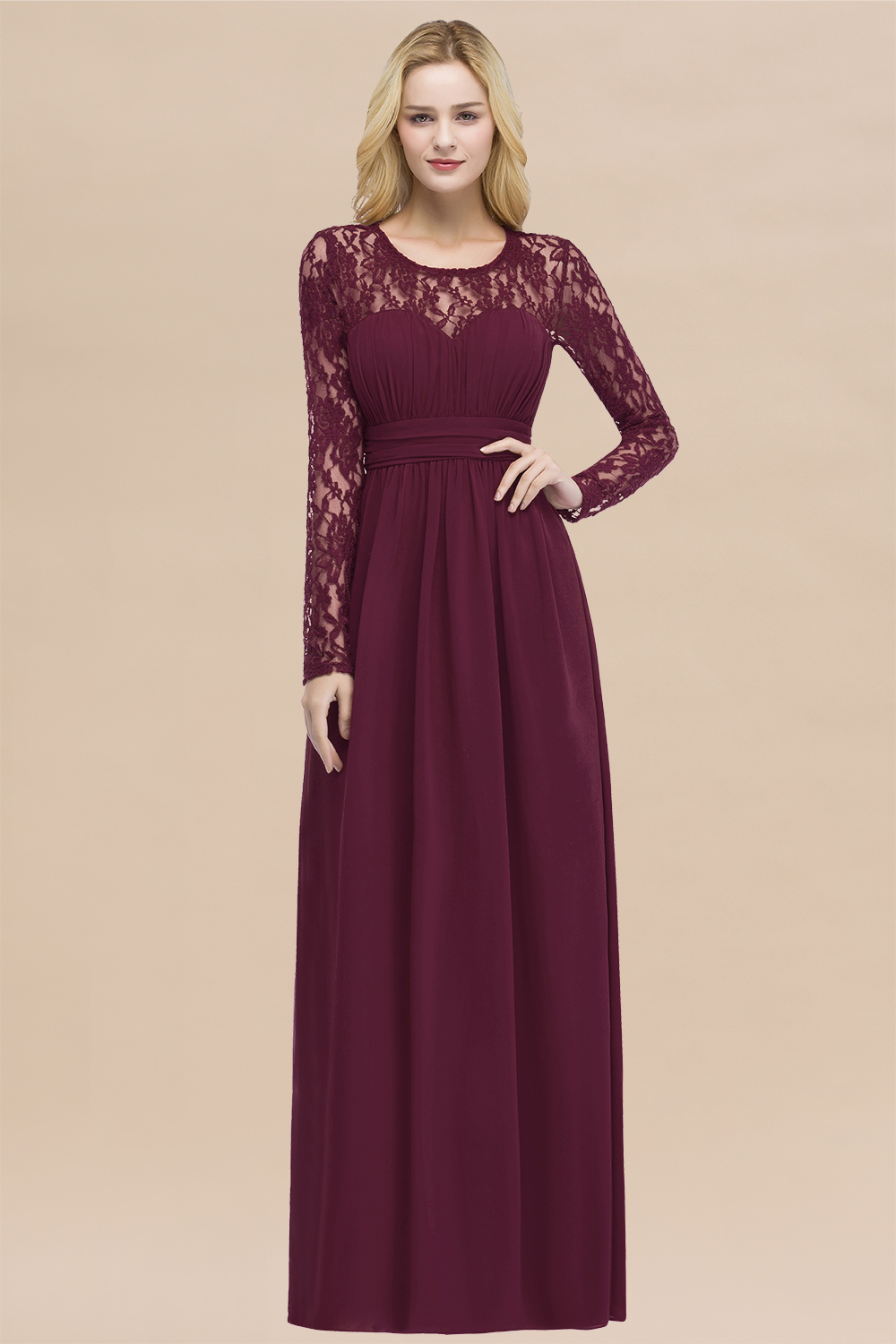 BMbridal Elegant Lace Burgundy Bridesmaid Dresses Online with Long Sleeves-BMbridal