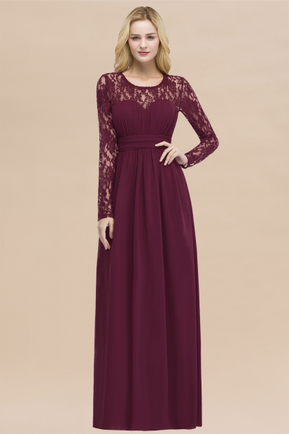 BMbridal Elegant Lace Burgundy Bridesmaid Dresses Online with Long Sleeves-BMbridal