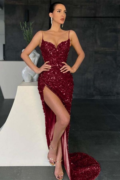 Charming Mermaid Spaghetti Strap Sleeveless Sequins Prom Dress High Split