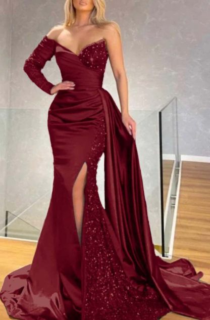 Long Sleeve Strapless Long Split Prom Dress With Pleated Sequins