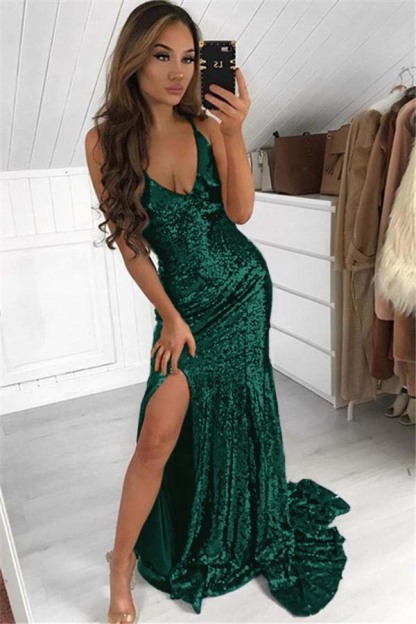 Dark Navy Halter Sleeveless Split Long Sequins Prom Dress Modern V Neck