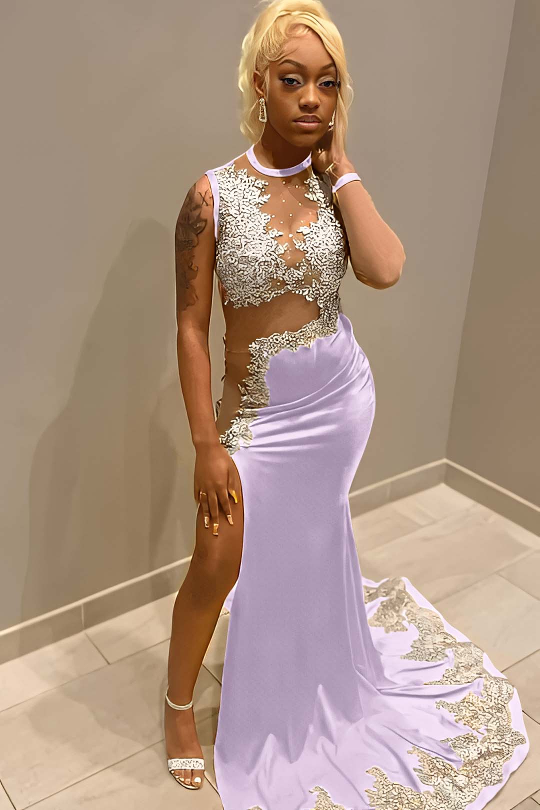 Sleeveless Jewel Neck Long Mermaid Prom Dress With Split Appliques