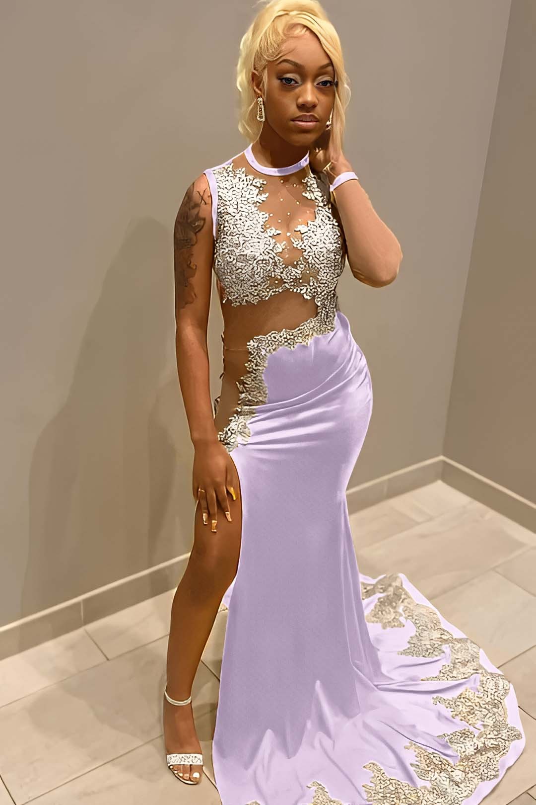 Sleeveless Jewel Neck Long Mermaid Prom Dress With Split Appliques