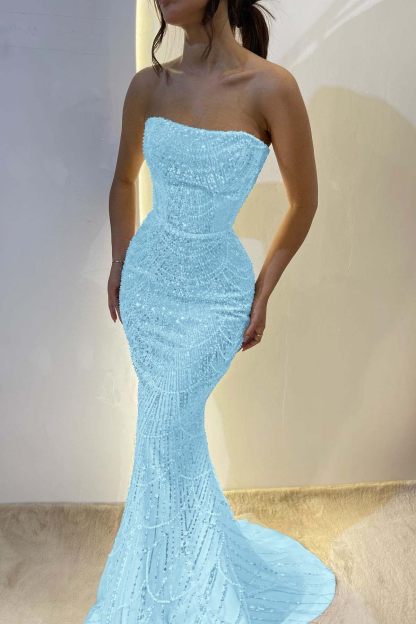 Chic Strapless Sleeveless Long Mermaid Prom Dress With Sequins