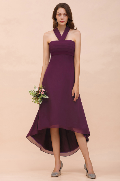 BMbridal Stylish Hi-Lo Halter Grape Chiffon Affordable Bridesmaid Dresses with Ruffle-BMbridal