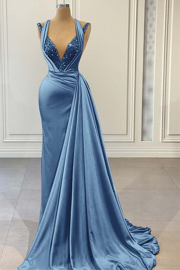 Halter V Neck Sleeveless Long Prom Dress With Beading Pleated