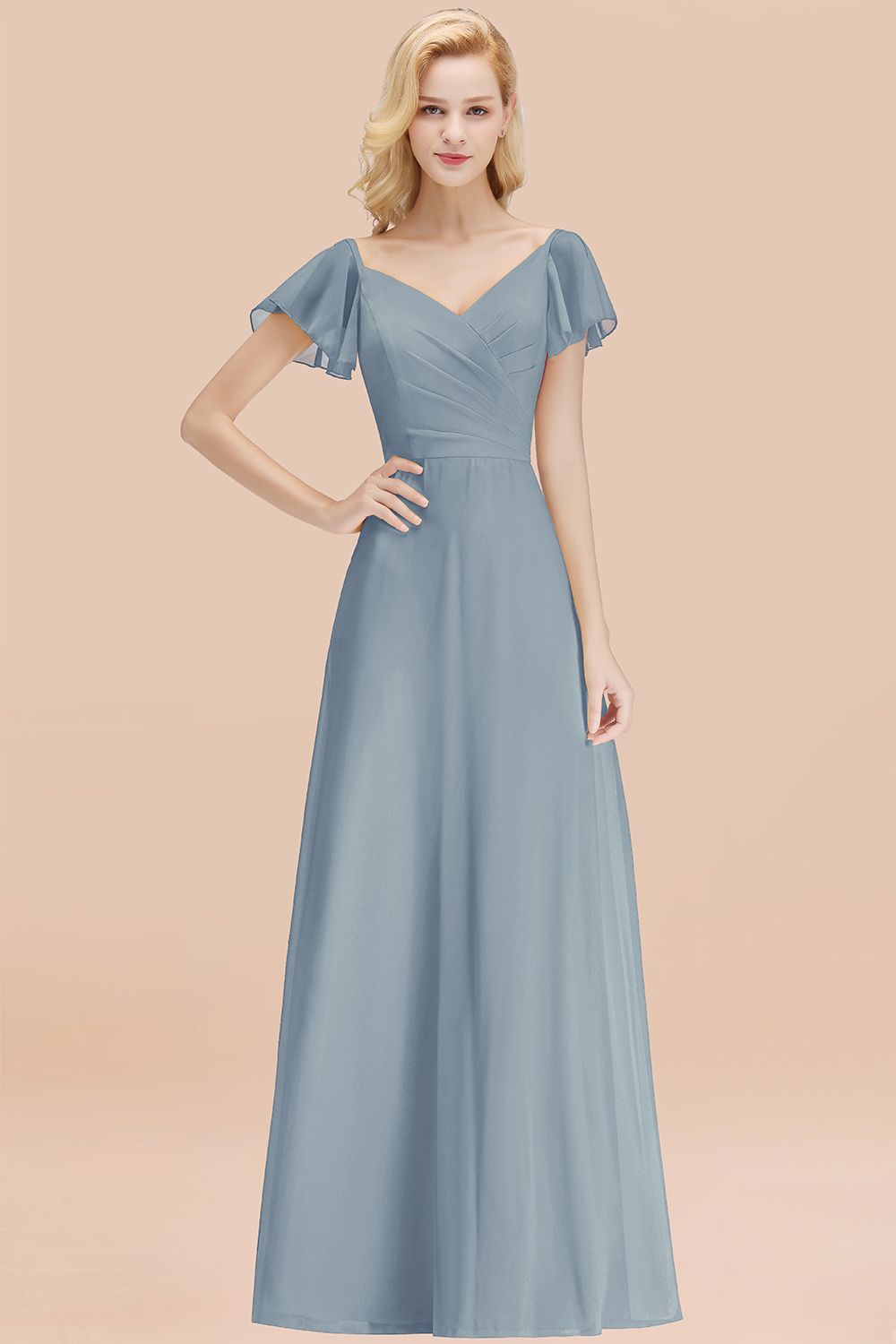 BMbridal Elegent Short-Sleeve Long Bridesmaid Dress Online Yellow Chiffon Wedding Party Dress-BMbridal