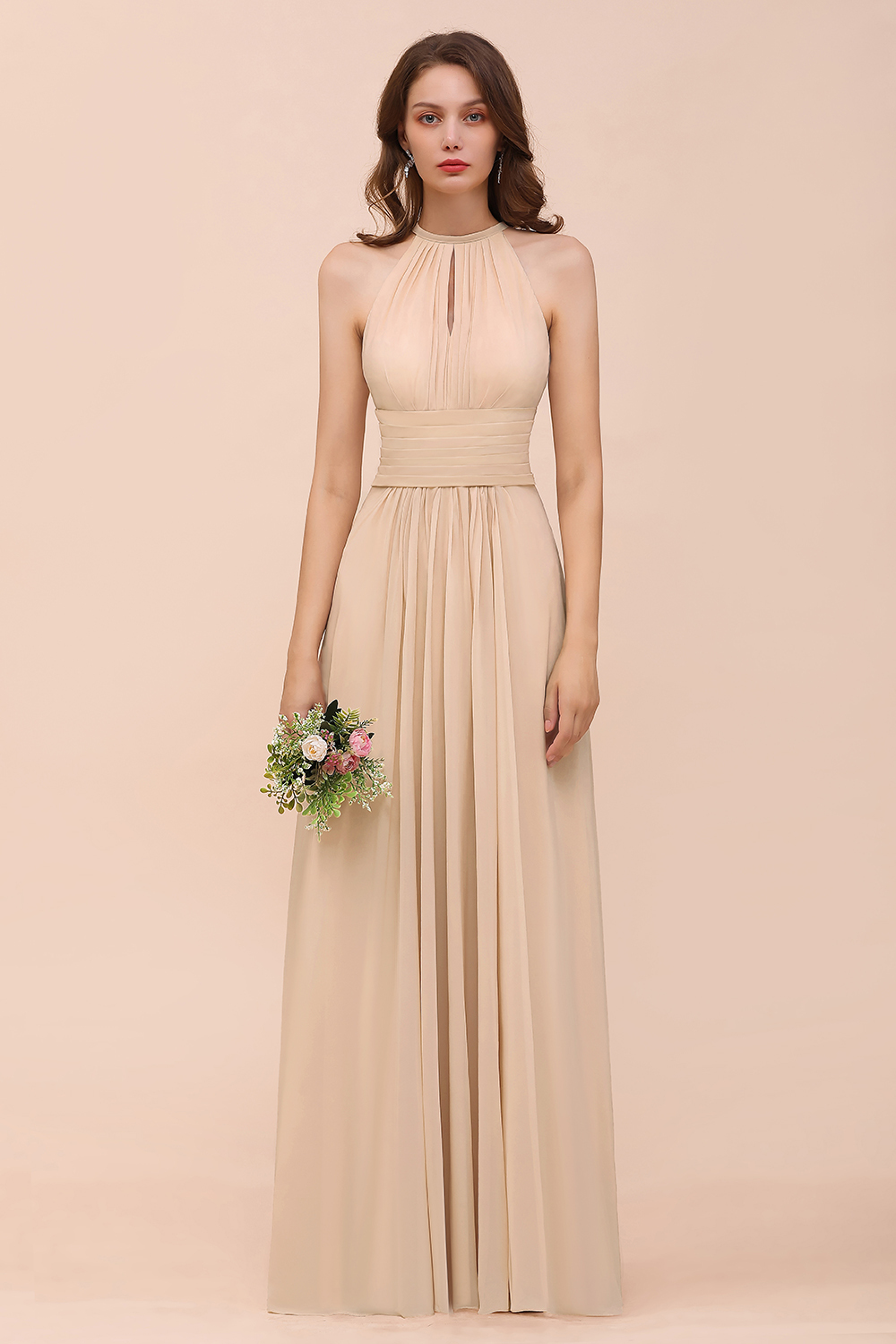 BMbridal Elegant Chiffon Jewel Ruffle Champagne Affordable Bridesmaid Dress Online-BMbridal