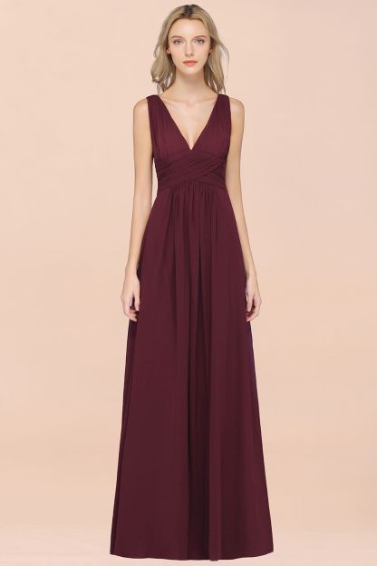 BMbridal Elegant V-Neck Burgundy Chiffon Affordable Bridesmaid Dress with Ruffle-BMbridal