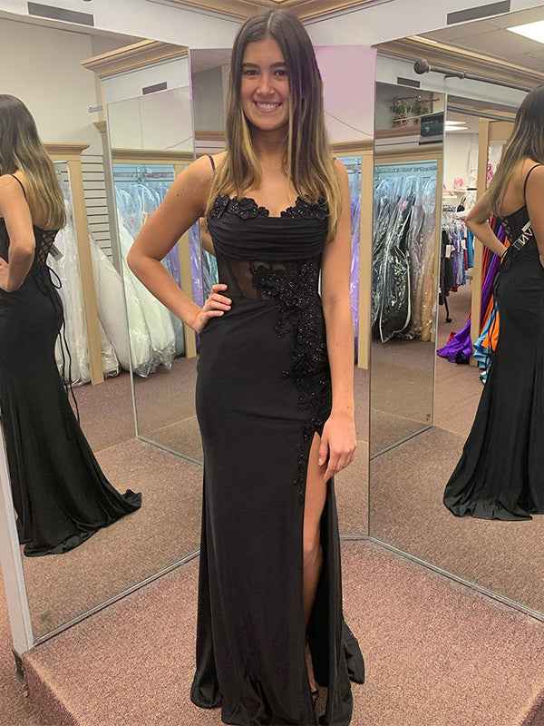 Black Mermaid Spaghetti Straps Applique Long Prom Dress with Slit