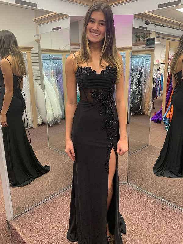 Black Mermaid Spaghetti Straps Applique Long Prom Dress with Slit