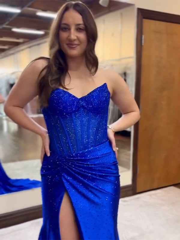Royal Blue Mermaid Sweetheart Satin Long Prom Dress with Slit