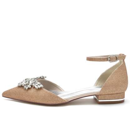 Bridal Shoes for Women with Glitter Rhinestones Low Pointed Toe and Ankle Strap