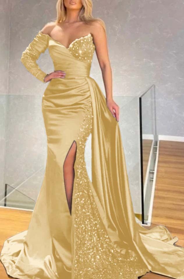 Long Sleeve Strapless Long Split Prom Dress With Pleated Sequins