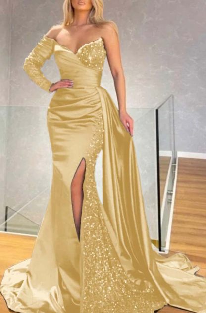 Long Sleeve Strapless Long Split Prom Dress With Pleated Sequins
