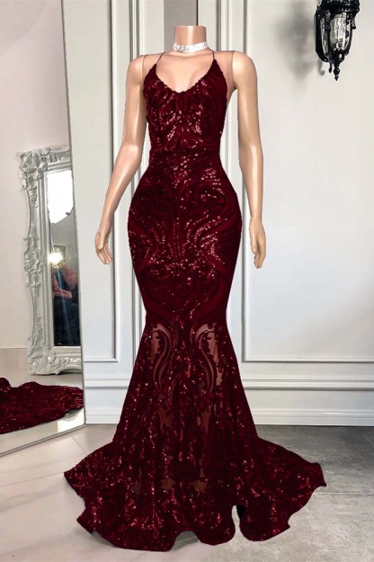 Mermaid Spaghetti Strap Sleeveless Royal Blue Long Prom Dress With Sequins