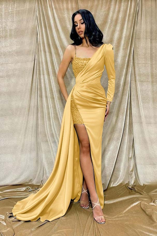 One Shoulder Long Sleeve Front Split Mermaid Prom Dress Light Green With Sequins