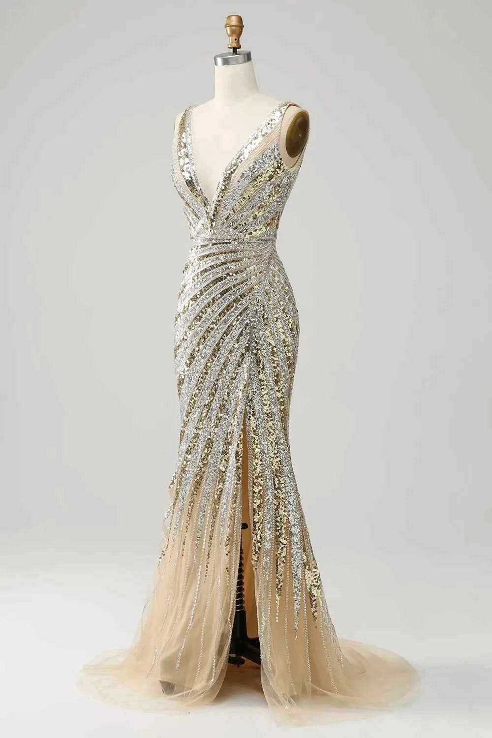 Sparkly Golden Mermaid Deep V-Neck Sequins Long Prom Dress