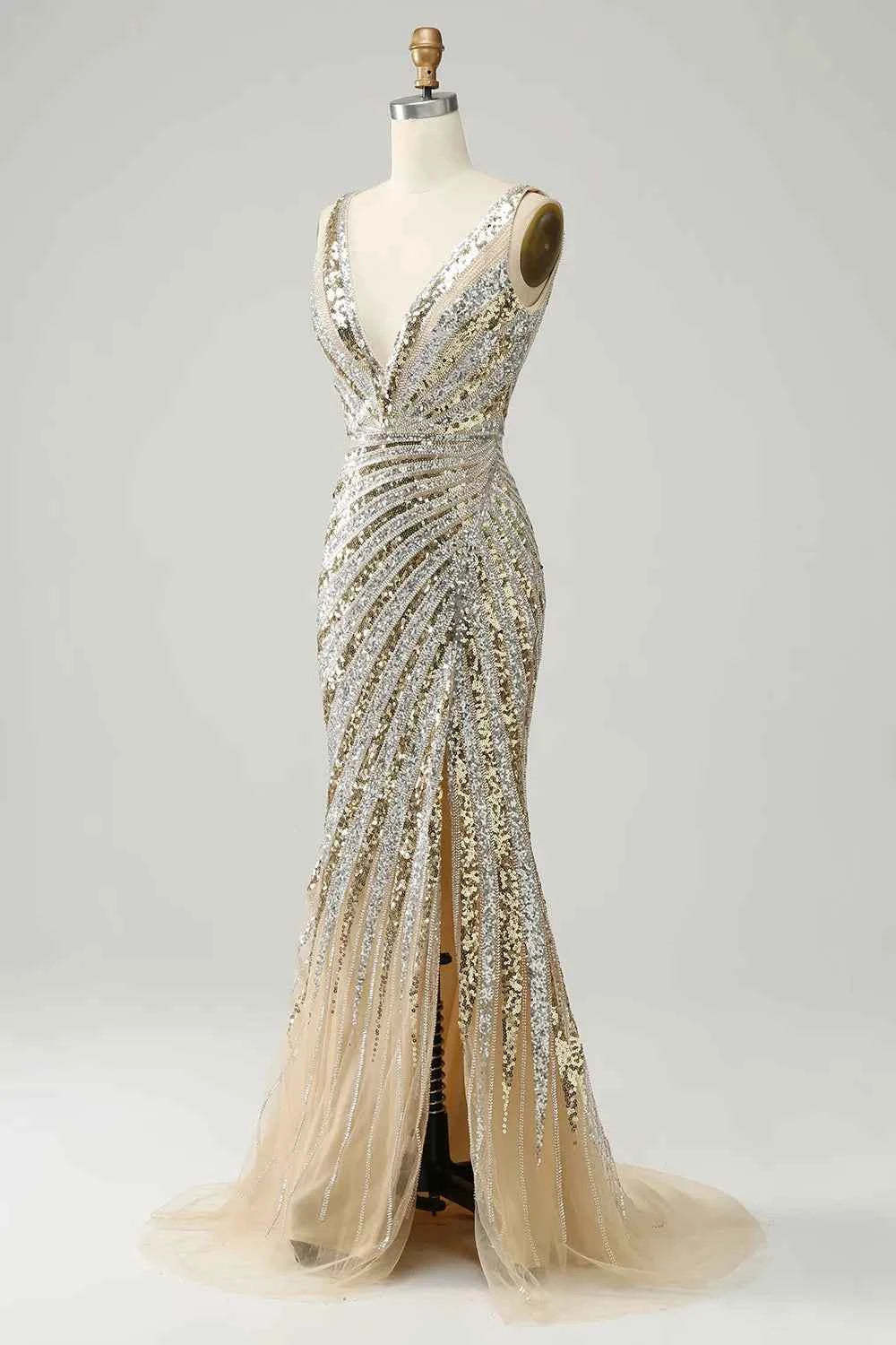 Sparkly Golden Mermaid Deep V-Neck Sequins Long Prom Dress