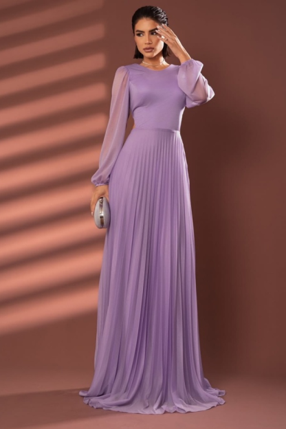 Chiffon Jewel Neck Long Sleeves Long Prom Dress With Pleated