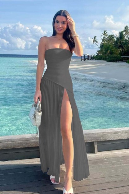 Strapless Sleeveless Long High Split Prom Dress With Ruffles