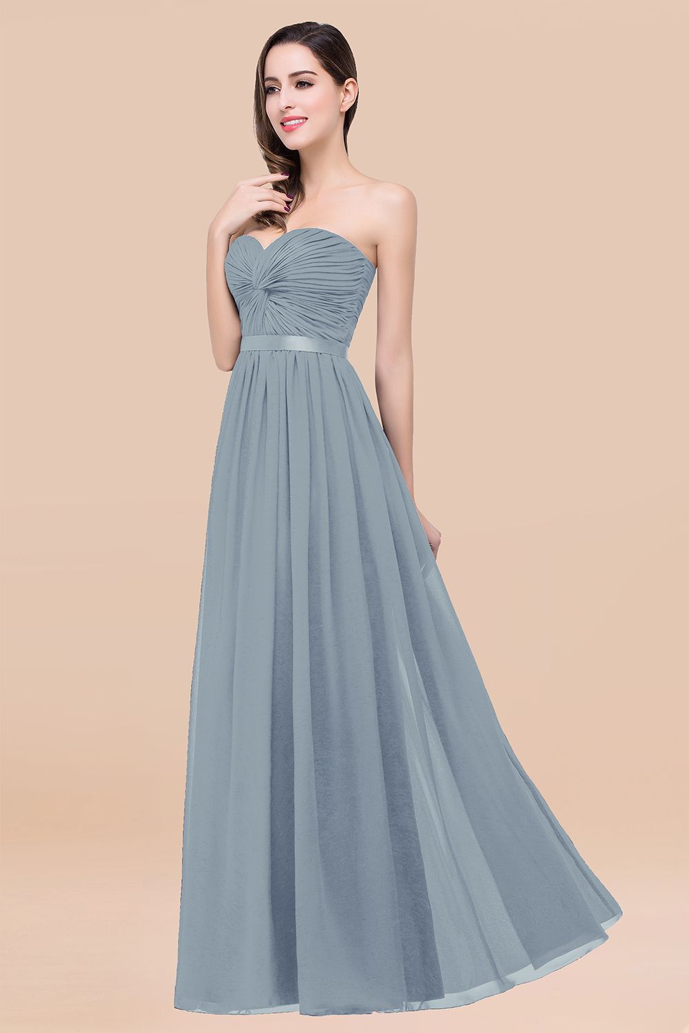 BMbridal Affordable Sweetheart Ruffle Navy Chiffon Bridesmaid Dress With Ribbon-BMbridal