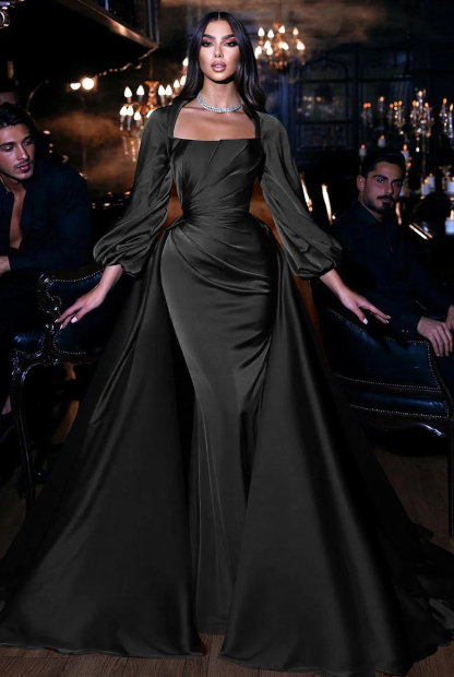 Square Emerald Long Sleeves Pleated Long Mermaid Prom Dress With Ruffles