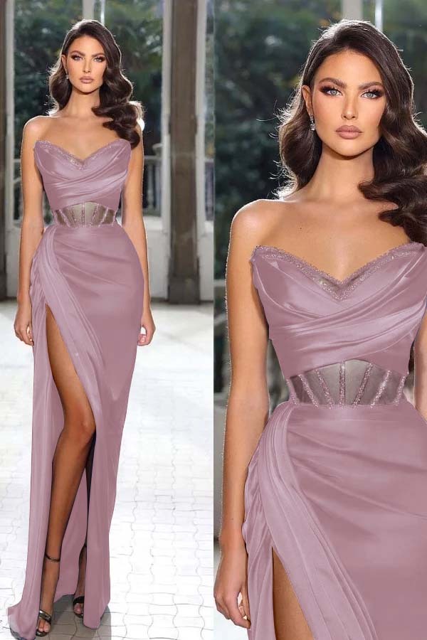 Strapless Sleeveless Long Mermaid Prom Dress With Split Pleated