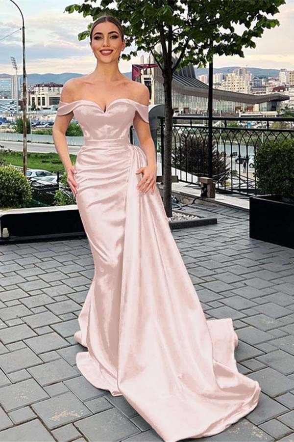 Off the Shoulder Sleeveless White Pleated Prom Dress Mermaid With Ruffles