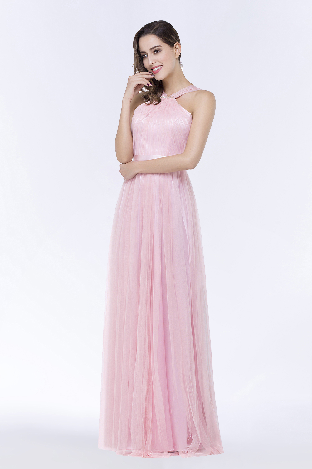 BMbridal Chic Tulle Ruffle Halter Sleeveless Pearls Bridesmaid Dress with Sash-BMbridal