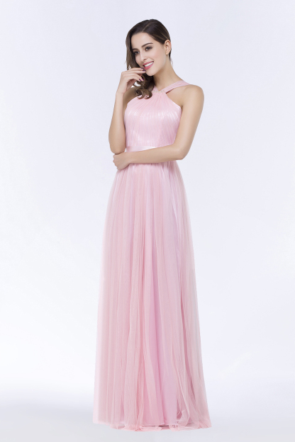 BMbridal Chic Tulle Ruffle Halter Sleeveless Pearls Bridesmaid Dress with Sash-BMbridal