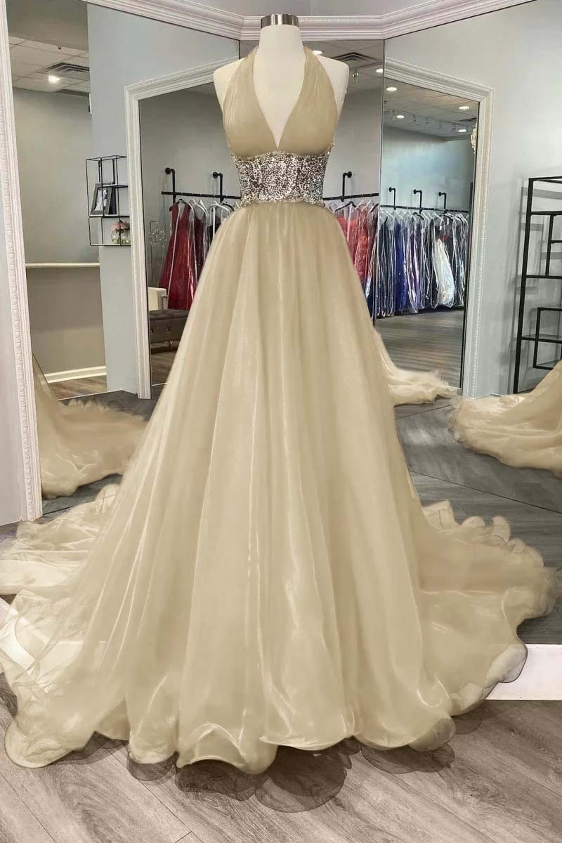 Halter Deep V Neck Sleeveless Long Prom Dress With Beading Ruffle